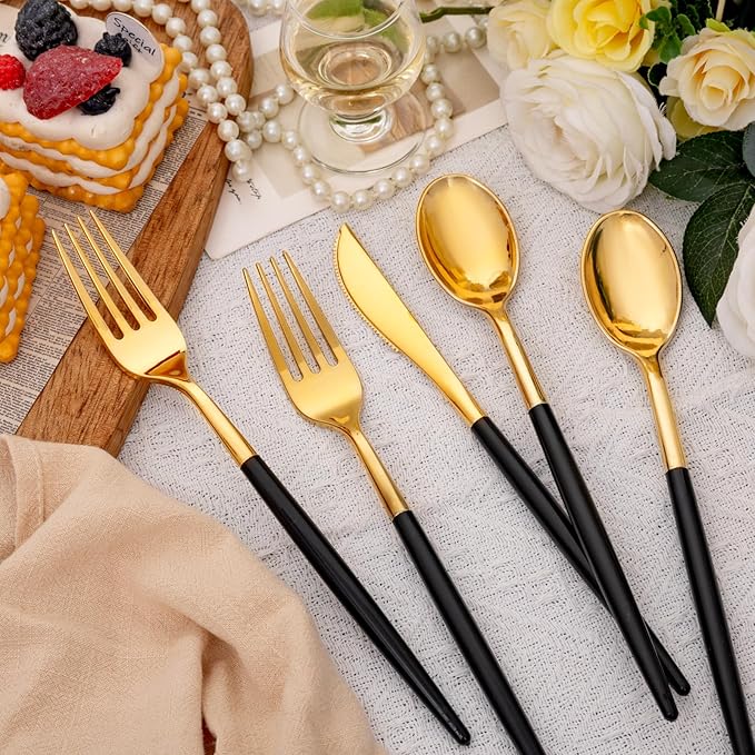 SUT Gold Plastic Silverware (160Pcs) Forks and Spoons Disposable, 80 Gold Pla...