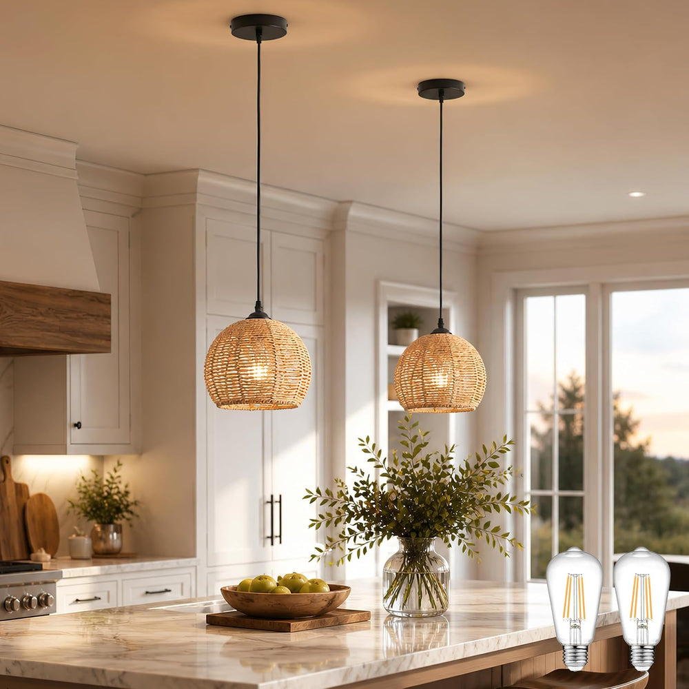 2 Pack Wicker Pendant Light Natural Woven Pendant Light Boho Chandelier Light...