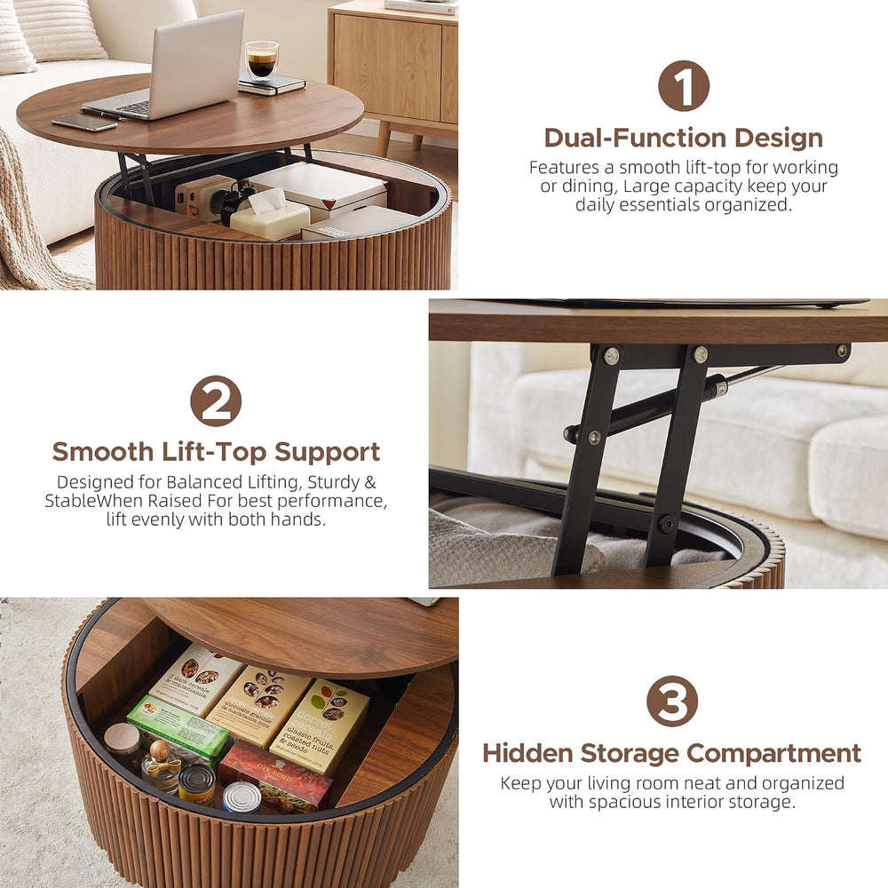 Round Lift Top Coffee Table with Storage, Fluted Circle Coffee Table,Walnut