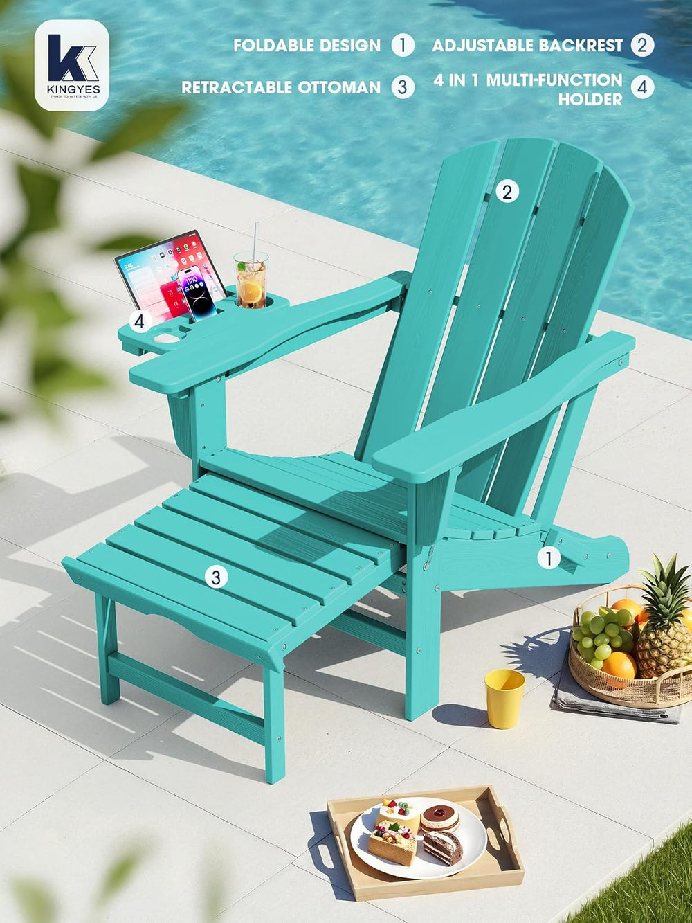 KINGYES Adjustable Folding Adirondack Chair with Footrest & 4-in-1 Multi-...