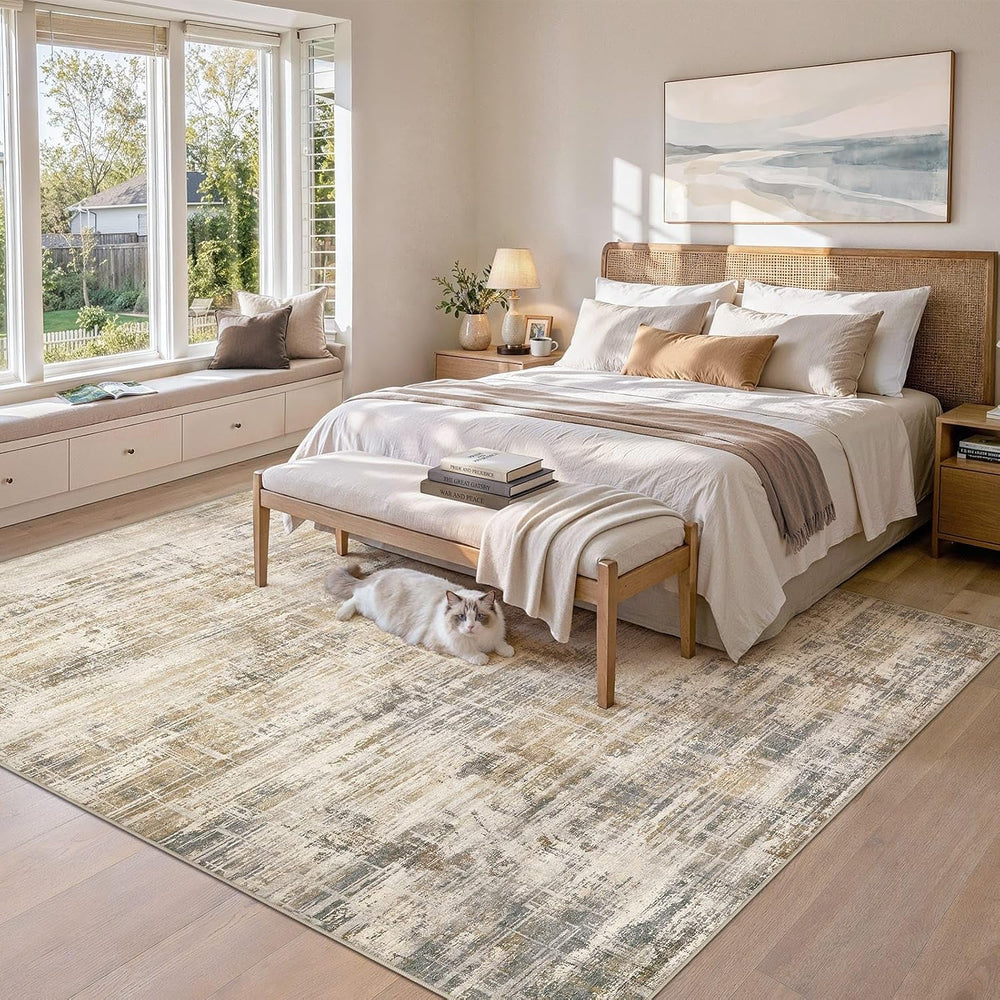 Uermei 9x12 Area Rug for Living Room Washable Abstract Golden Brown Carpet