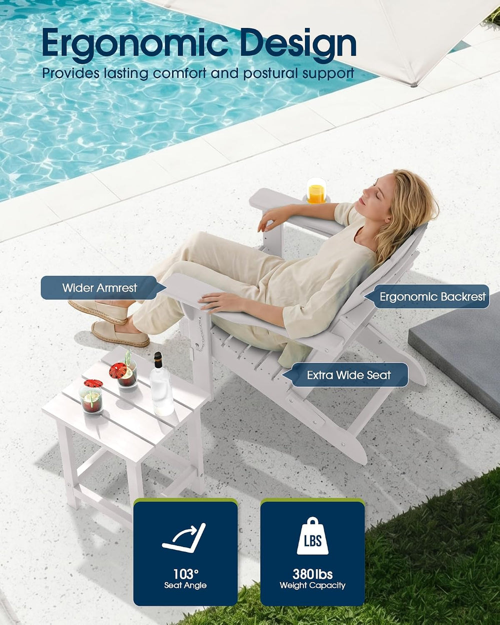 MUCHENGHY Folding Adirondack Chairs Set 2, HDPE for Fire Pit, White (Set of 2)