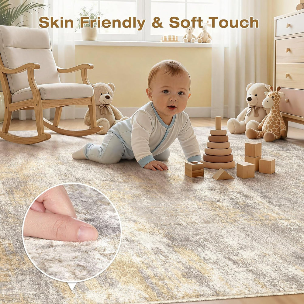 cotiled 8x10 Area Rugs Living Room: Washable Abstract Rug Gold Grey Brown
