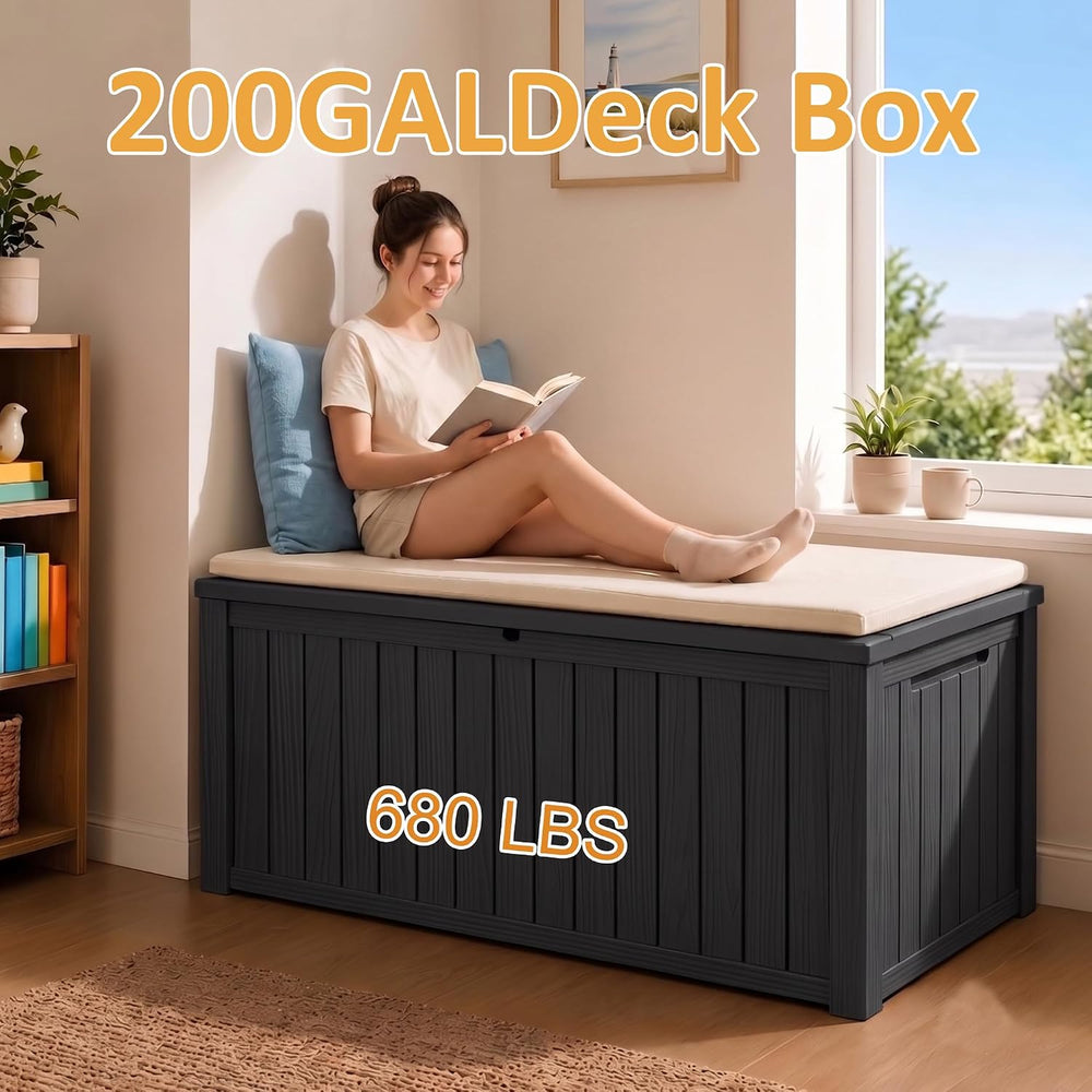200Gal Lockable Waterproof Deck Box, Sturdy Bench for Patio & Garden Black