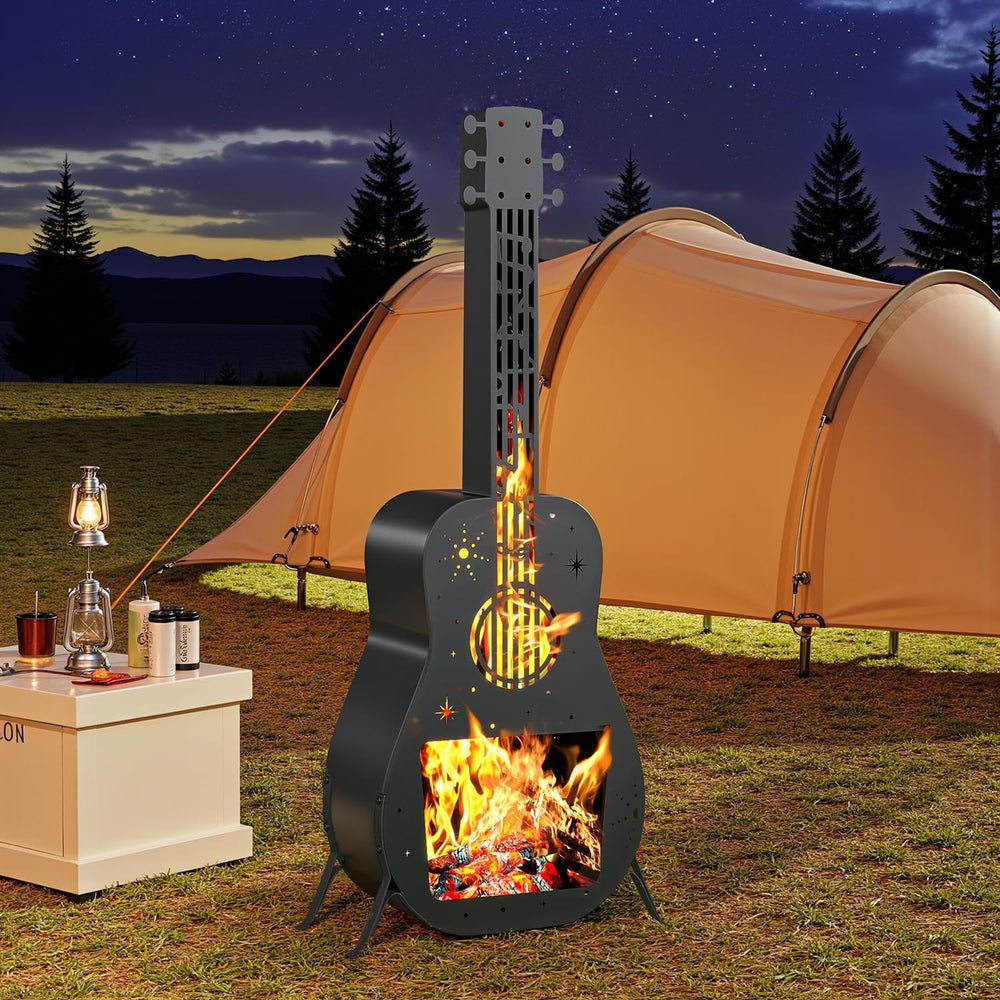 Outdoor Fire Pit for Wood Burning, Fire Pits for Outside, Guitar Shaped Chimi...
