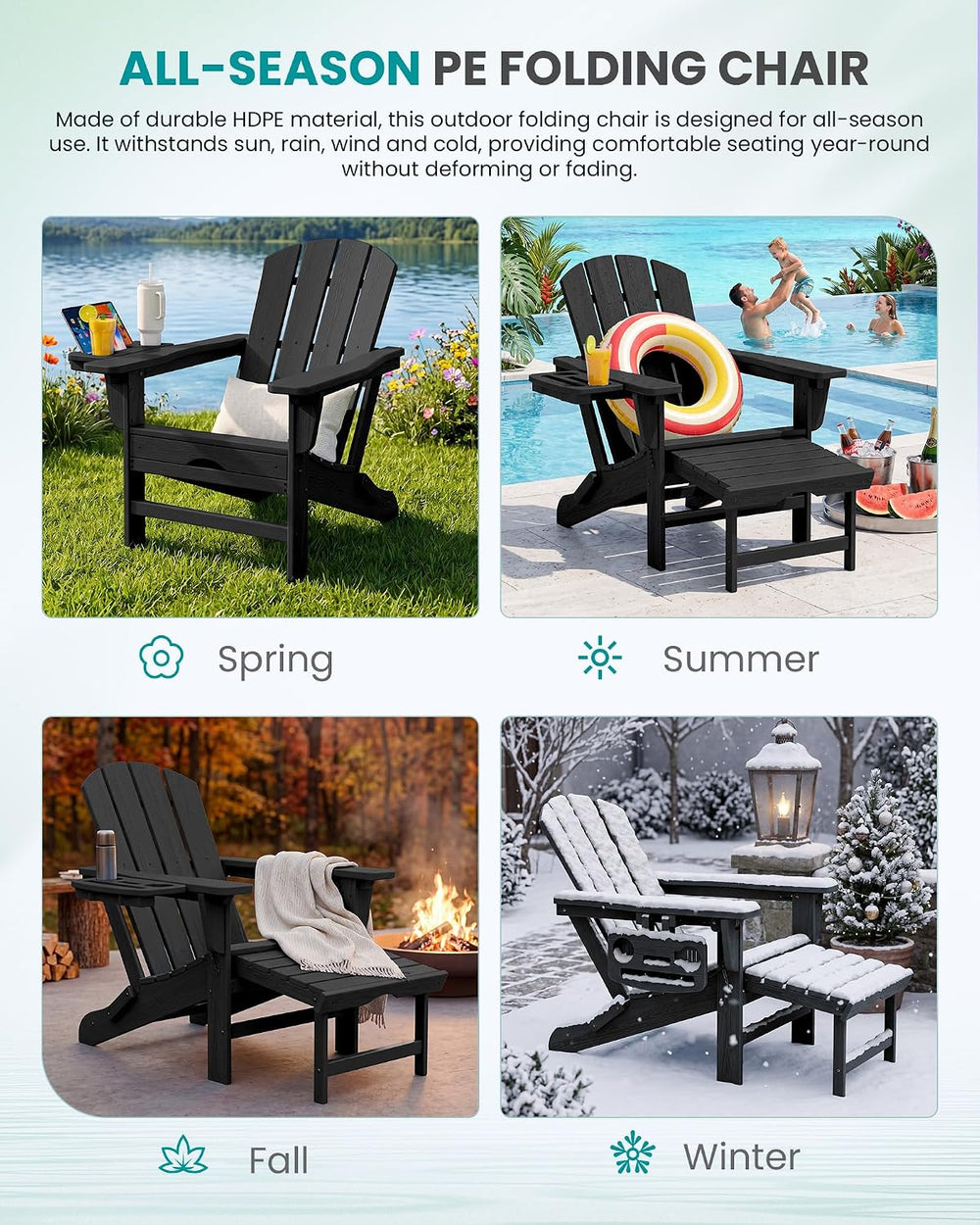 SERWALL Folding Adjustable Adirondack Chairs with Footrest Set of 4, HDPE Out...