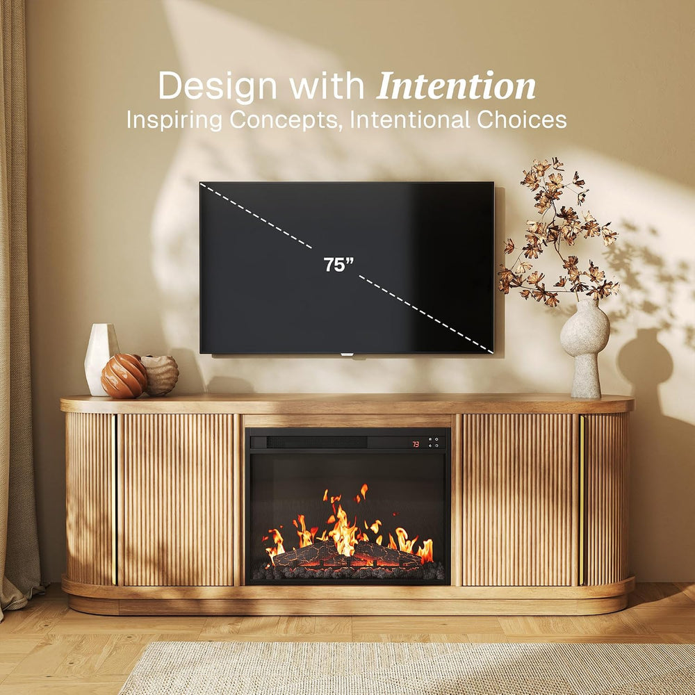 BELLEZE Turin 67" TV Stand with 23" Electric Fireplace Heater - Camel