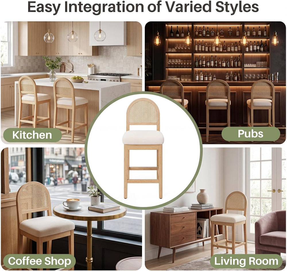 Farmhouse Rattan Counter Height Bar Stools Set of 4, Chenille Upholstered Bar...