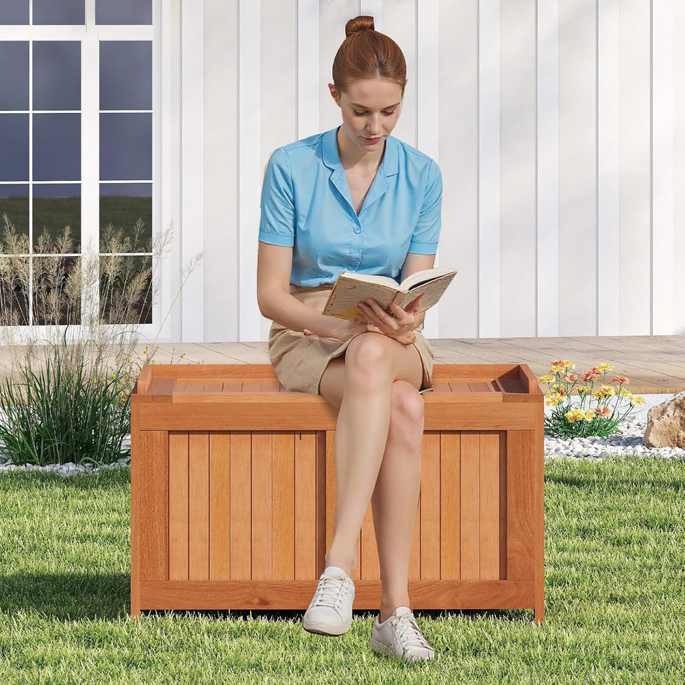 Tangkula 52 Gallon Wood Outdoor Storage Box, 3-in-1 Patio Storage Bench with ...