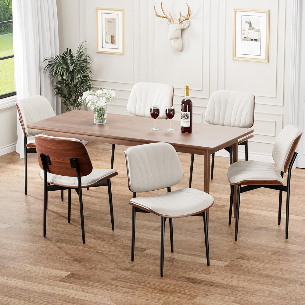 REONEY Dining Chairs Set of 6, Mid-Century Modern Kitchen Chairs, Off-White