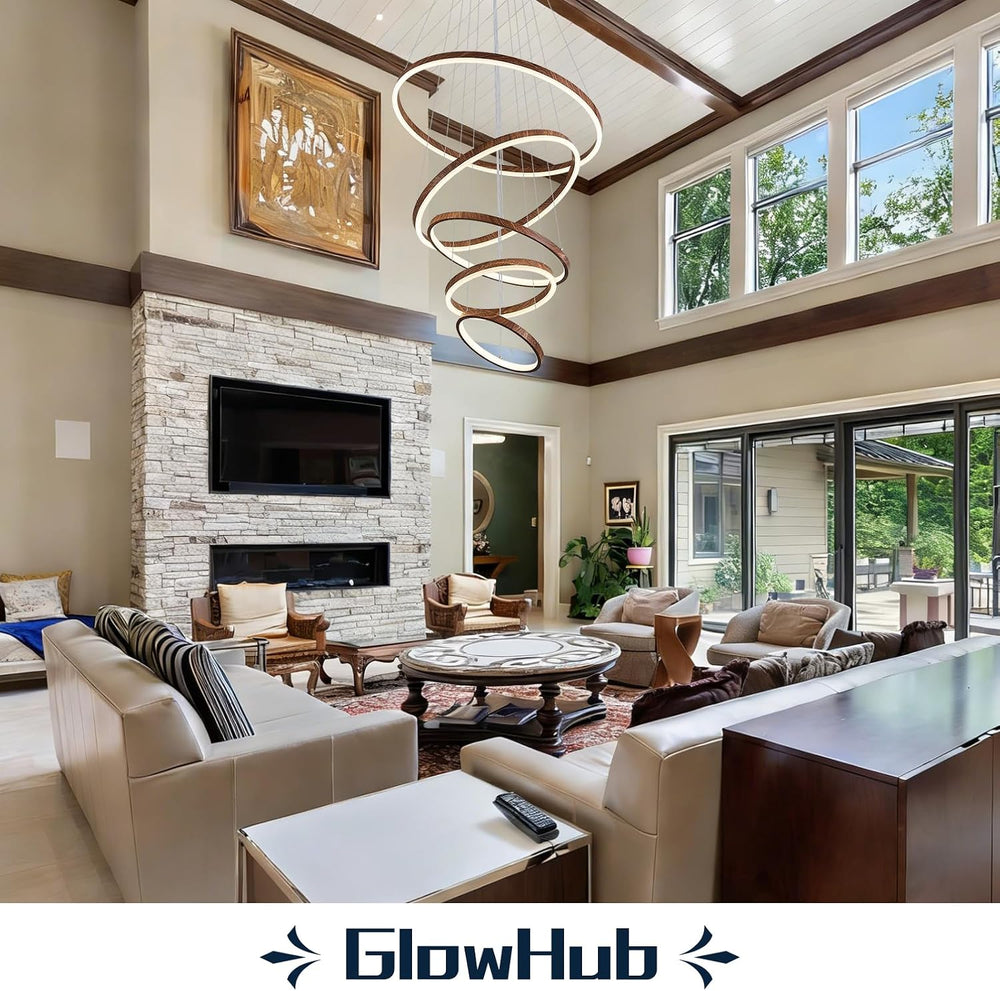GlowHub Modern LED Chandelier 5 Rings Farmhouse Wood Grain Finish Round Chand...