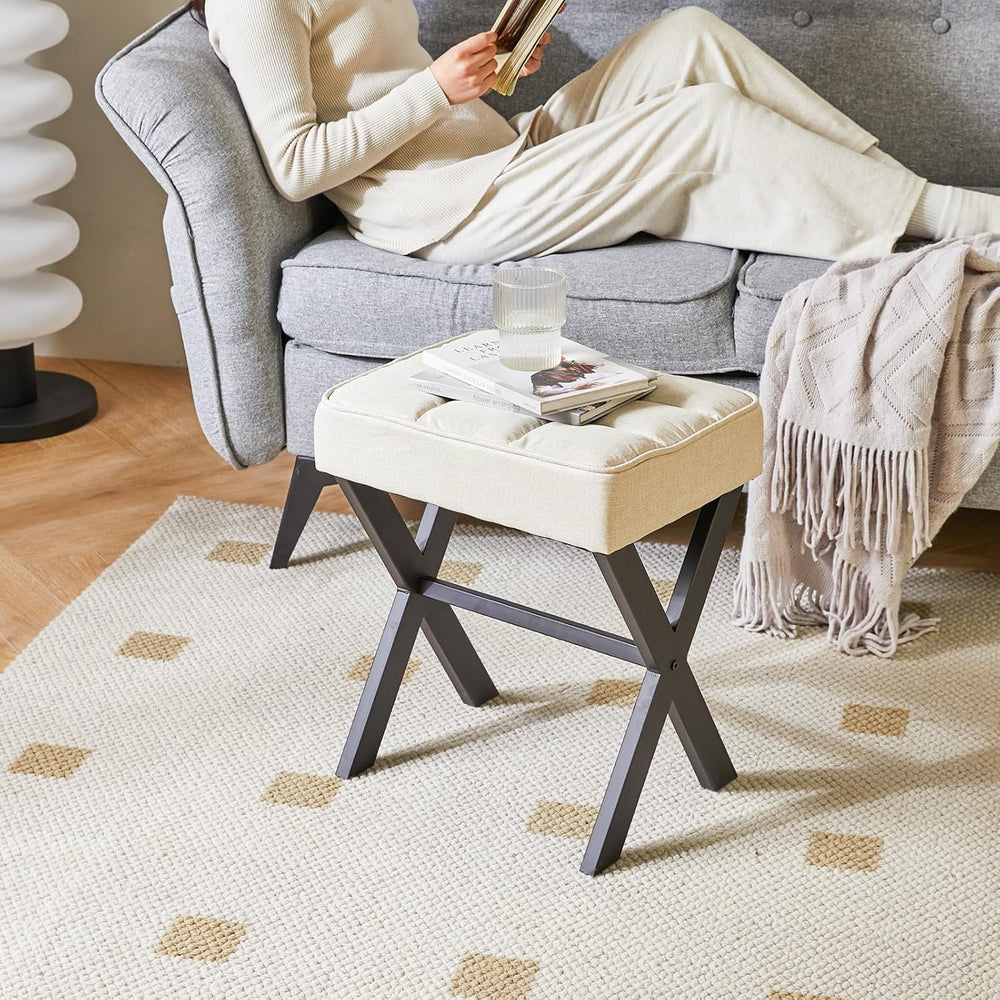 IBUYKE Square Makeup Stool with X-Leg, Linen Vanity Chair, Linen LG-70Y