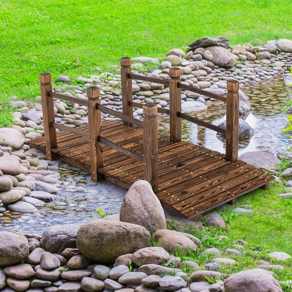 Tangkula 5 FT Wooden Garden Bridge, Arch Stained Finish Footbridge with Doubl...