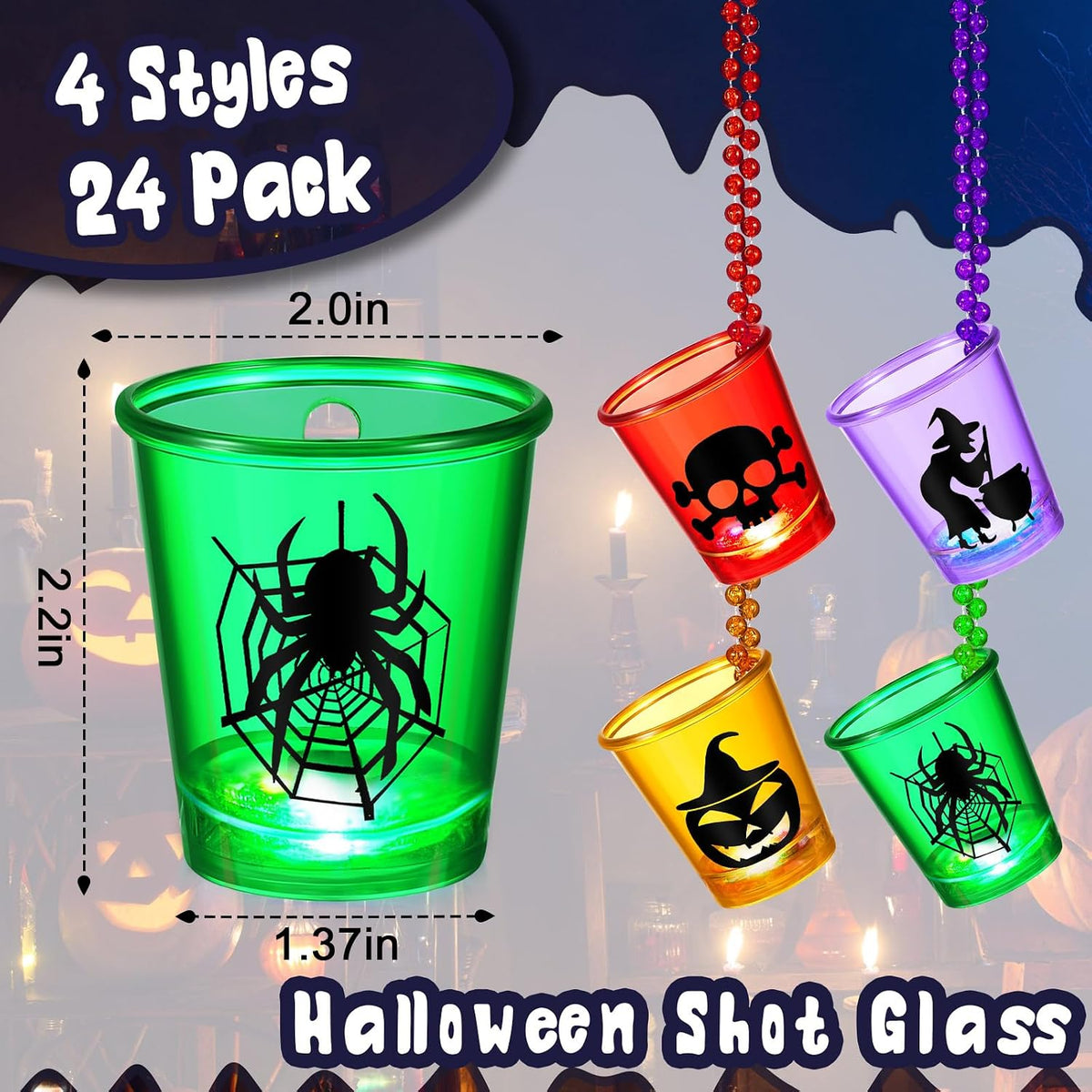 Henoyso 24 Pcs Halloween Shot Glass on Beaded Necklace Skull Plastic Shot Glasses Ghost Cups Assorted Glass Necklaces Bulk for Halloween Party Favors Decorations Supplies (Stylish Style)