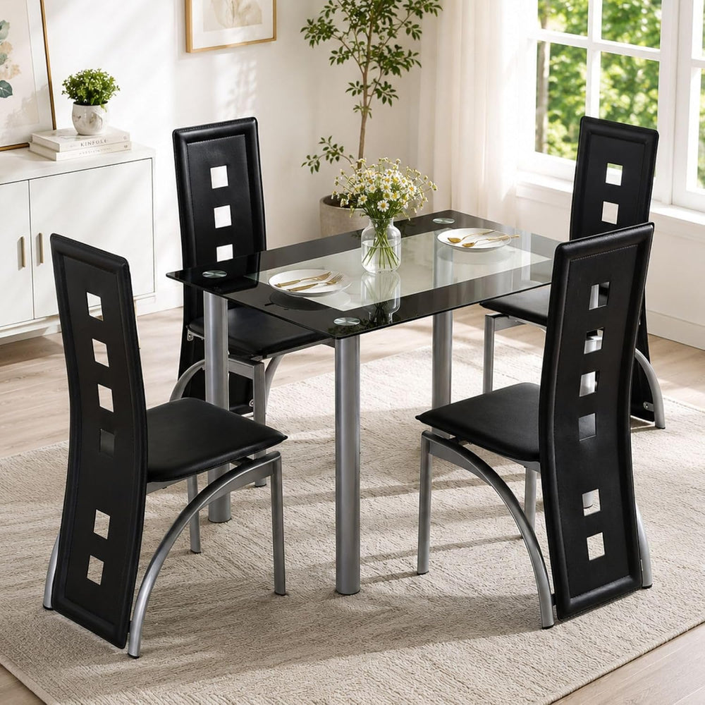 Karl home 5-Piece Dining Table Set, W/ 4 PVC Chairs & Glass Dining Table