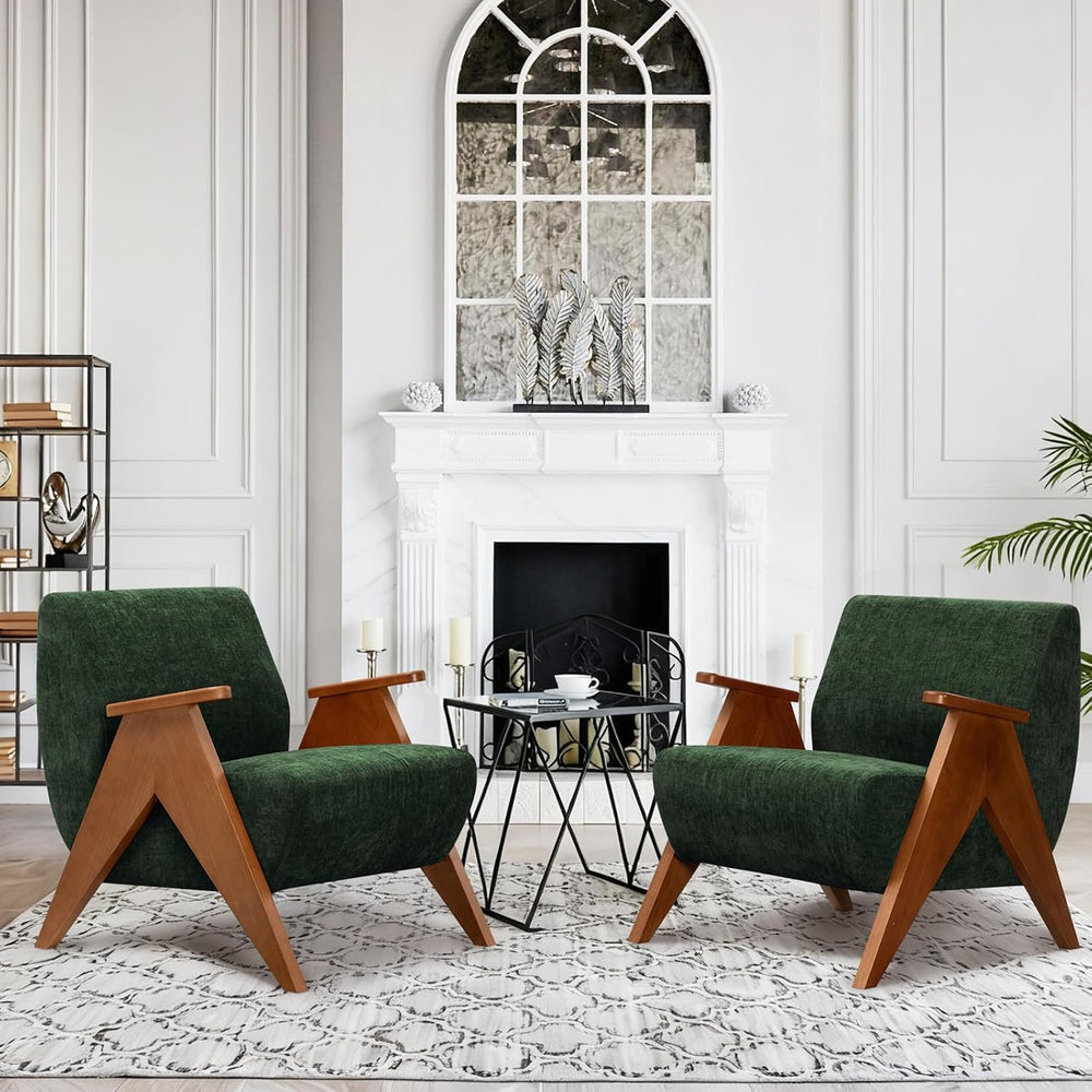 2 Pcs Home Accent Chair Mid Century Modern Accent Chair with Wood Frame, Loun...