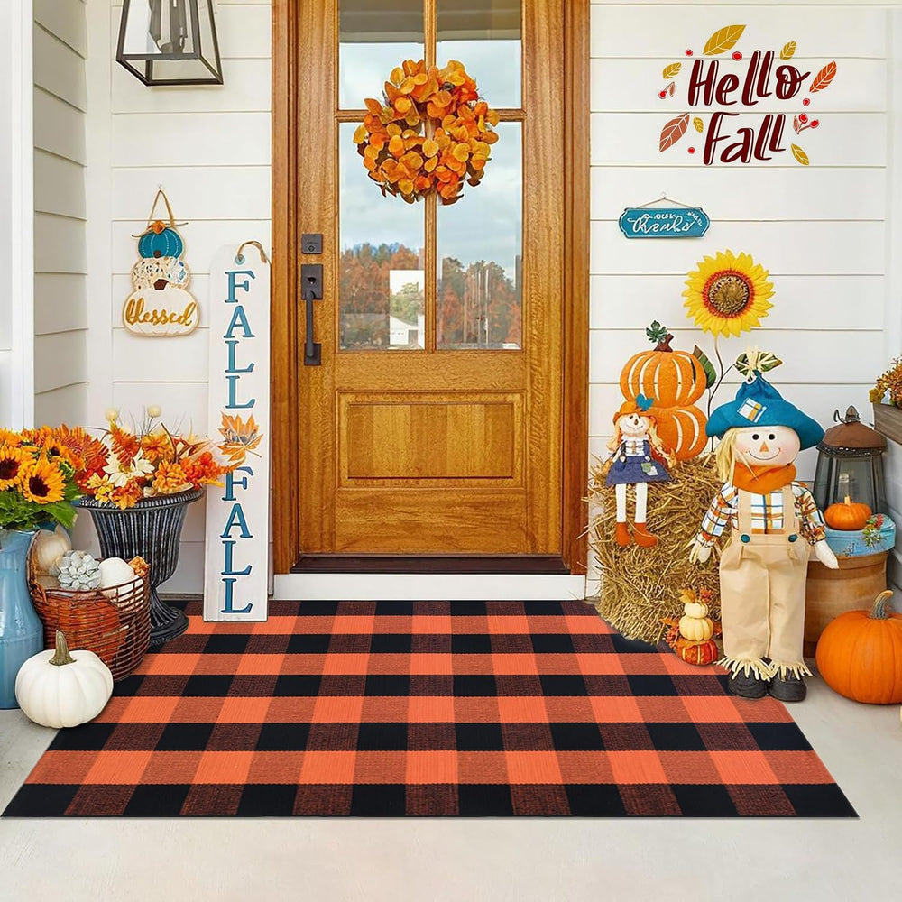 Fall Door Mat Orange and Black Plaid Rugs, 3'x5' Area Rug Outdoor Ind...