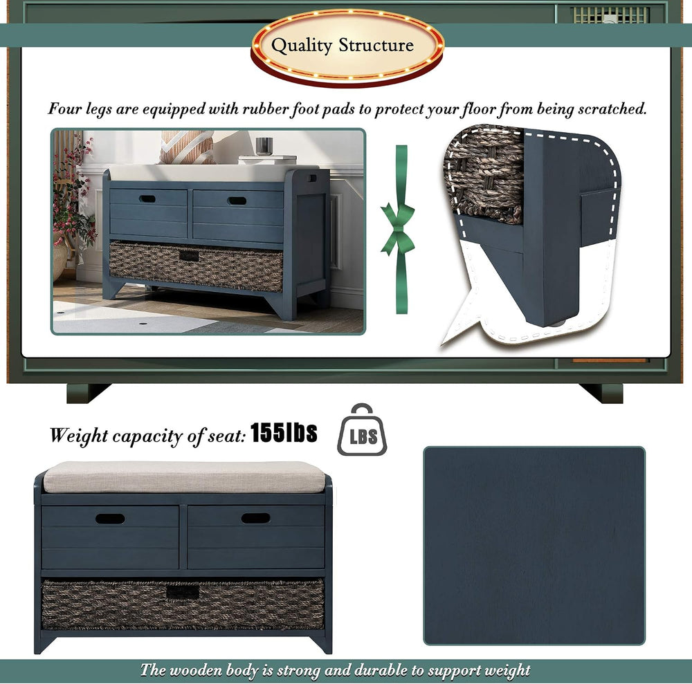 Merax Classic Wood Shoe Storage Bench with 2 Drawers, Large Rattan Basket and...