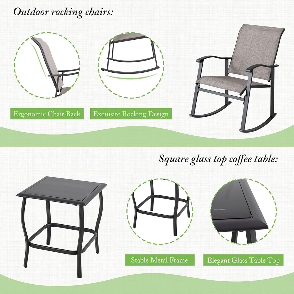 Shintenchi 3 Piece Rocking Bistro Set, Outdoor Furniture with Rocker Chairs a...