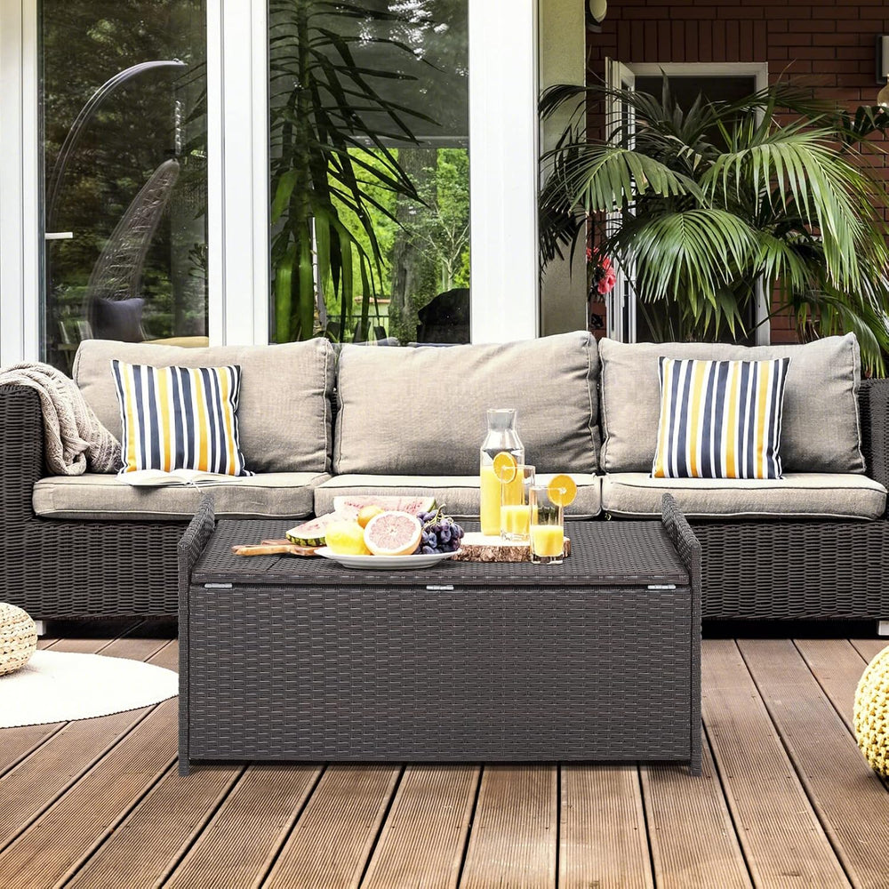 HAPPYGRILL 34 Gallon Patio Storage Bench Deck Box, 3-in-1 Rattan Wicker Stora...