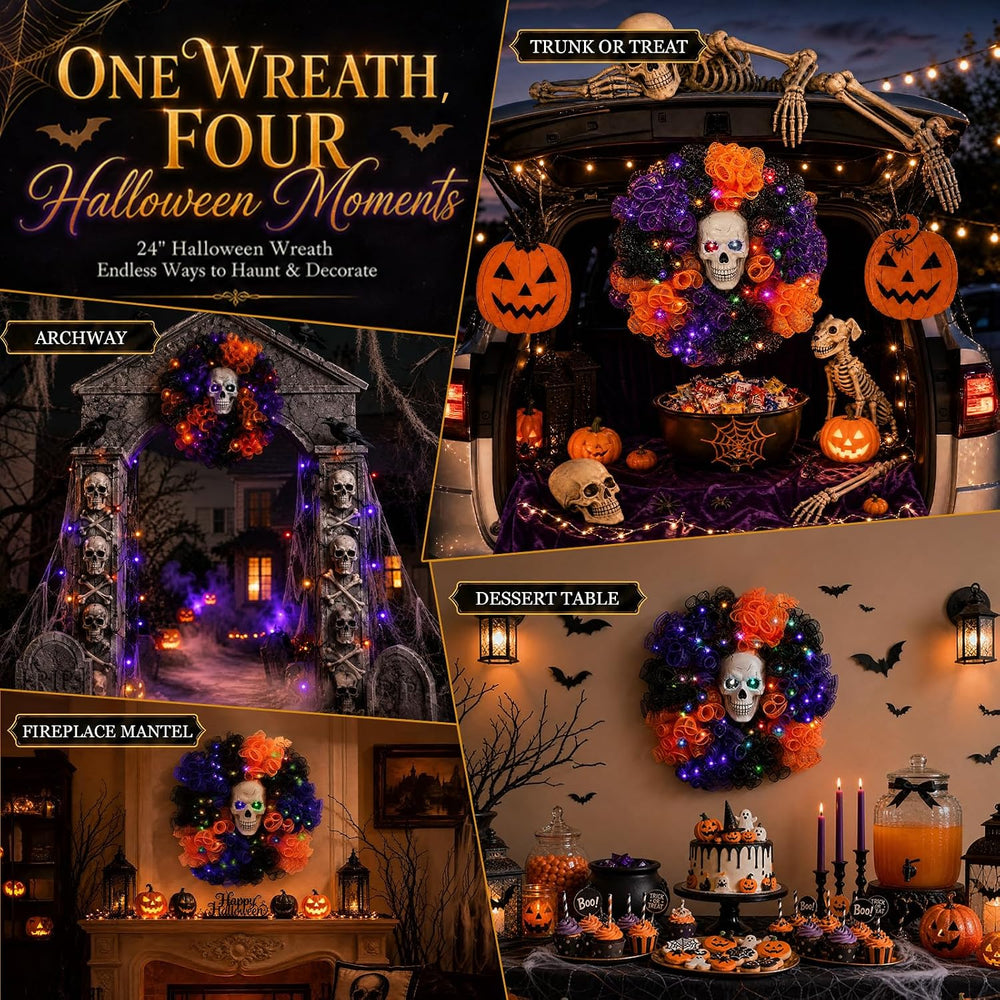 24 in Halloween Wreath with Skull and Color-Changing Lights