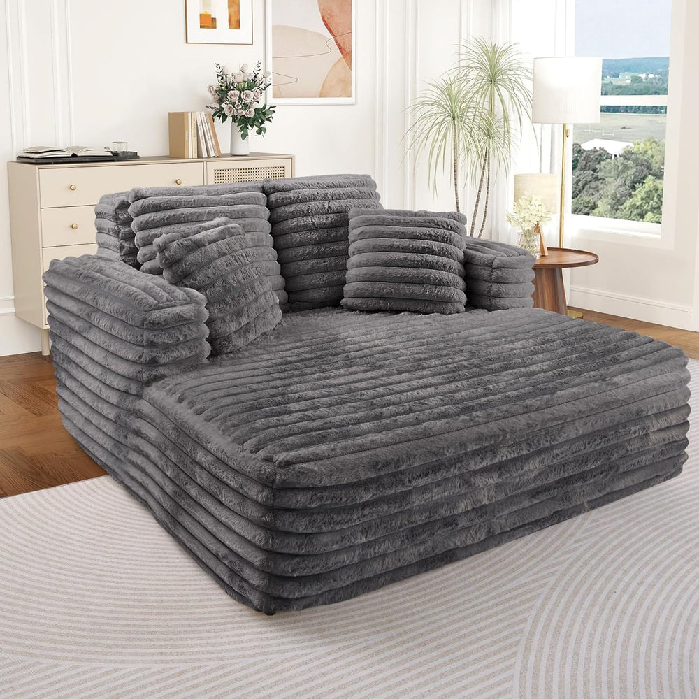 Oversized Chaise Lounge Indoor, Modern Plush Faux Fur Fabric Deep Seat Bonele...