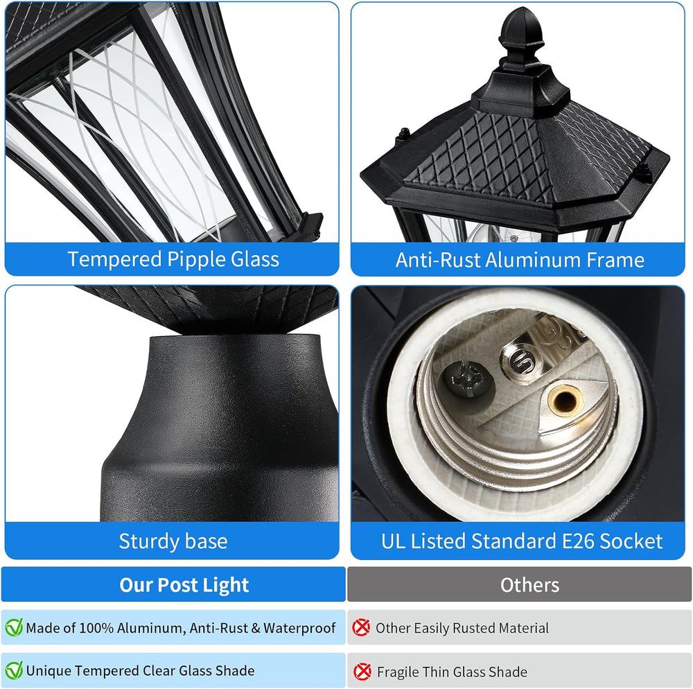 YSN 16" Outdoor Post Lights, Black Lamp Post Light Fixture, 2 Packs