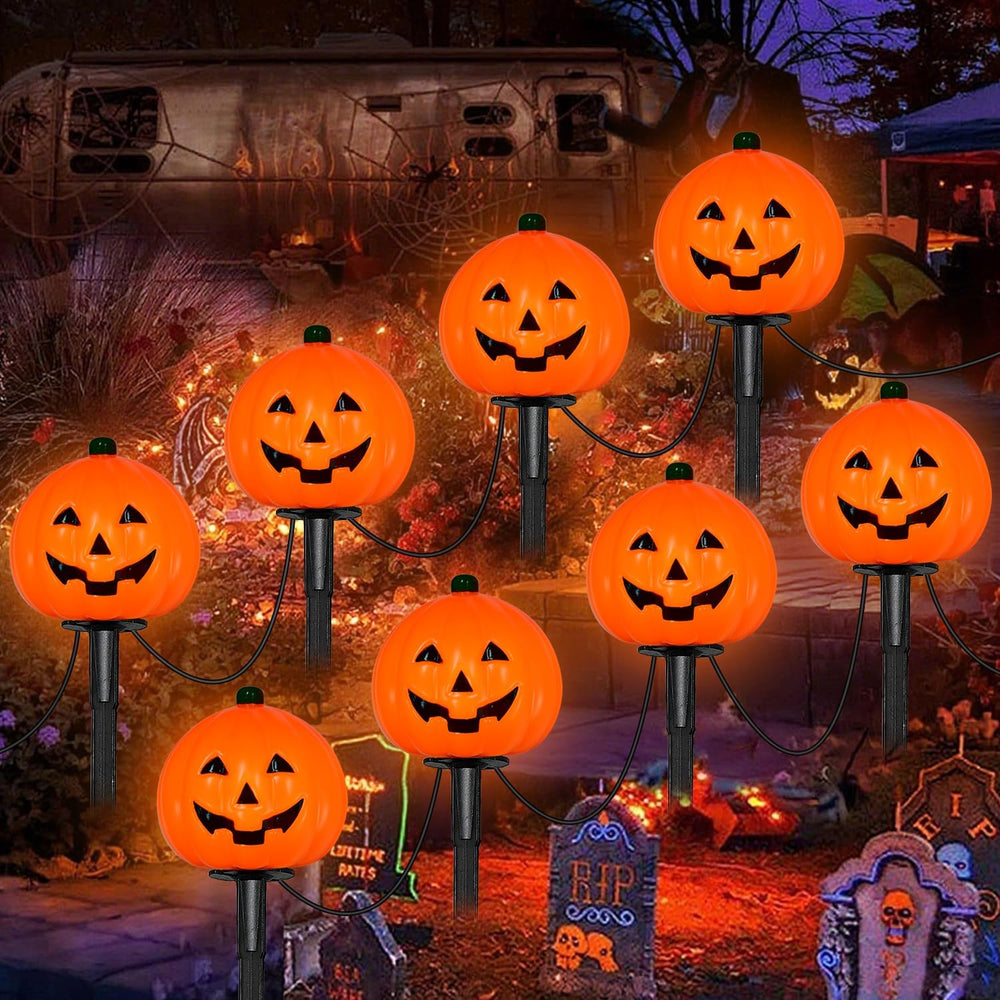 2 Sets 7Ft Halloween Pathway Lights Outdoor Pumpkin Stake Light with 4 Jack-O...