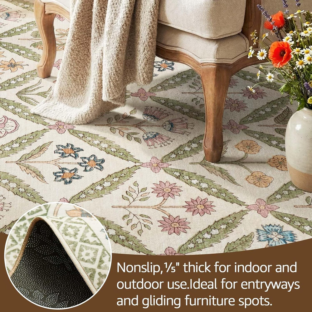 jinchan 8x10 Vintage Floral Washable Large Living Room Area Rug, Sage Green