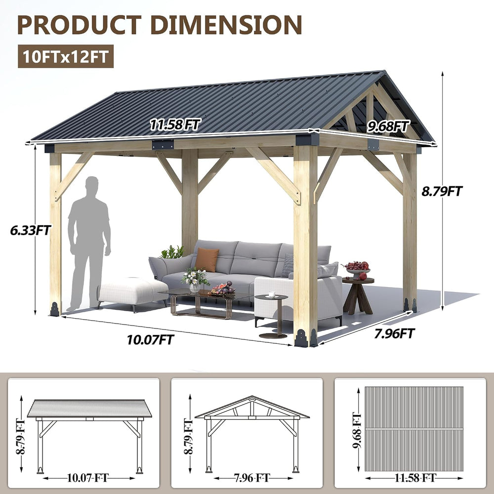 Outdoor Wood Gazebo 10'x12', Hardtop Gazebo Permanent Wooden Pavilion...