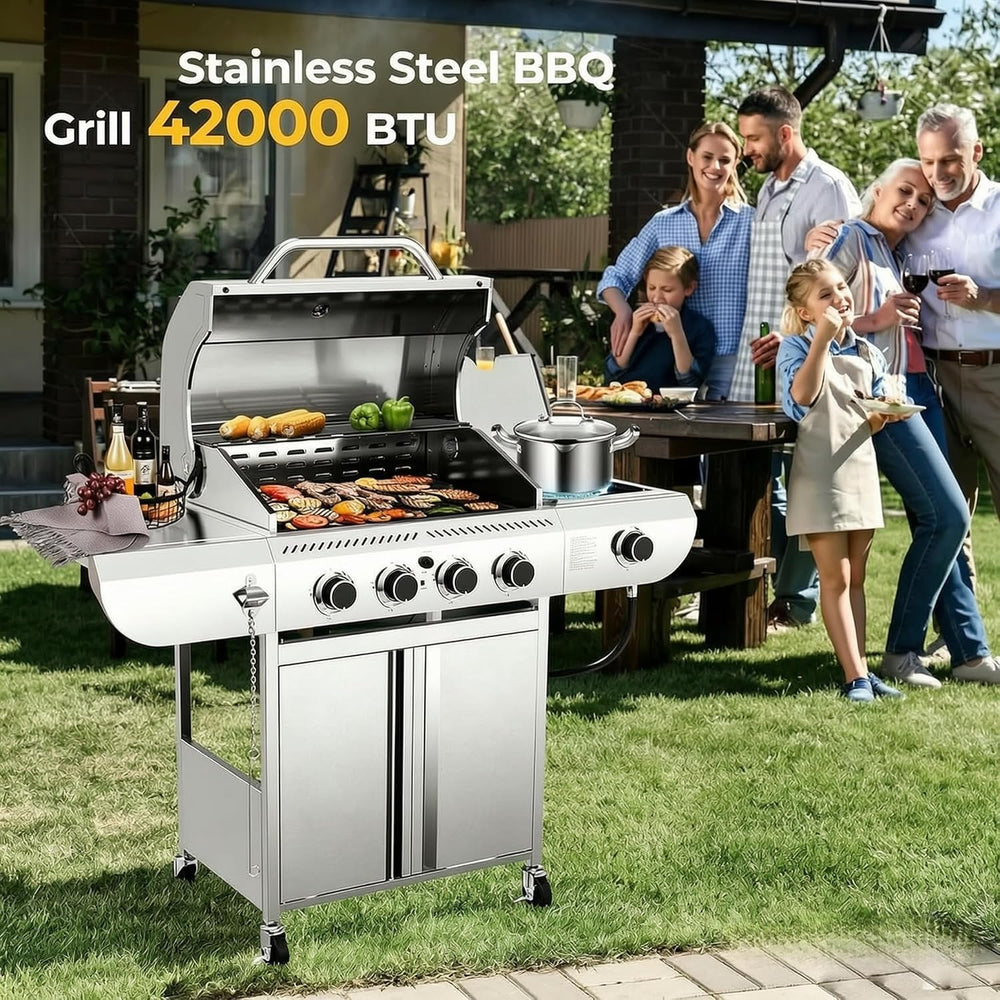 Electactic Stainless Steel 4-Burner Gas Grill with Side Burner – 42000BTU Pro...