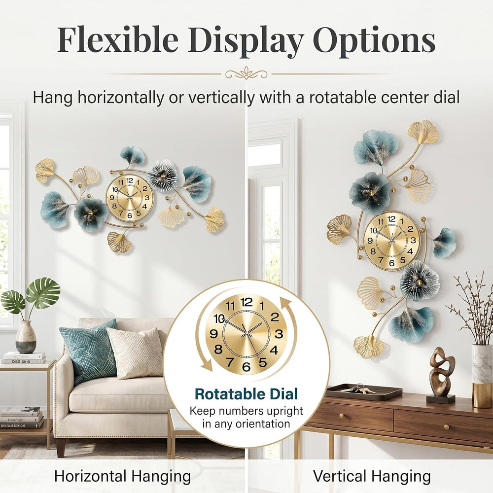33" 3D Ginkgo Leaf Metal Wall Clock for Home Wall Decor