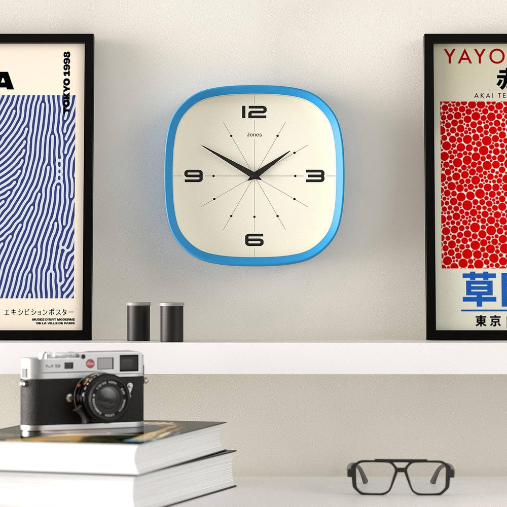 JONES CLOCKS® Pulsar wall Clock | Square Rounded Retro Clock | 10" | Blu...