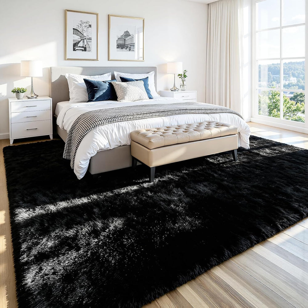 6x9 Fluffy Area Rug for Living Room: Soft Non-Slip Black Bedroom Carpet