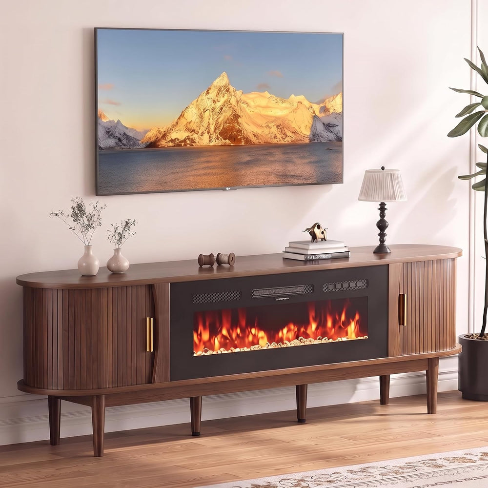 Decofy 70″ Fluted Fireplace TV Stand for 80″ TVs, Entertainment Center with F...