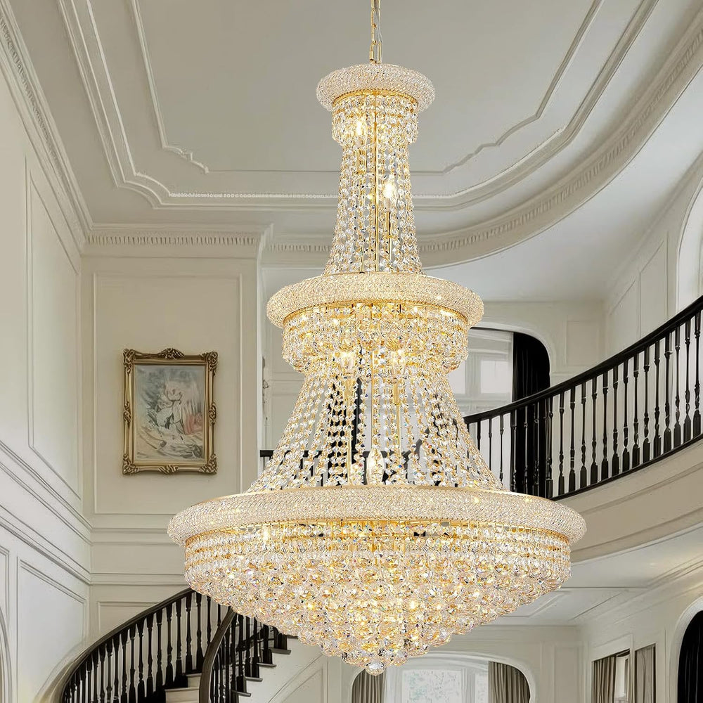 19-Lights High Ceiling Chandelier Modern Gold Crystal Chandeliers Large Foyer...