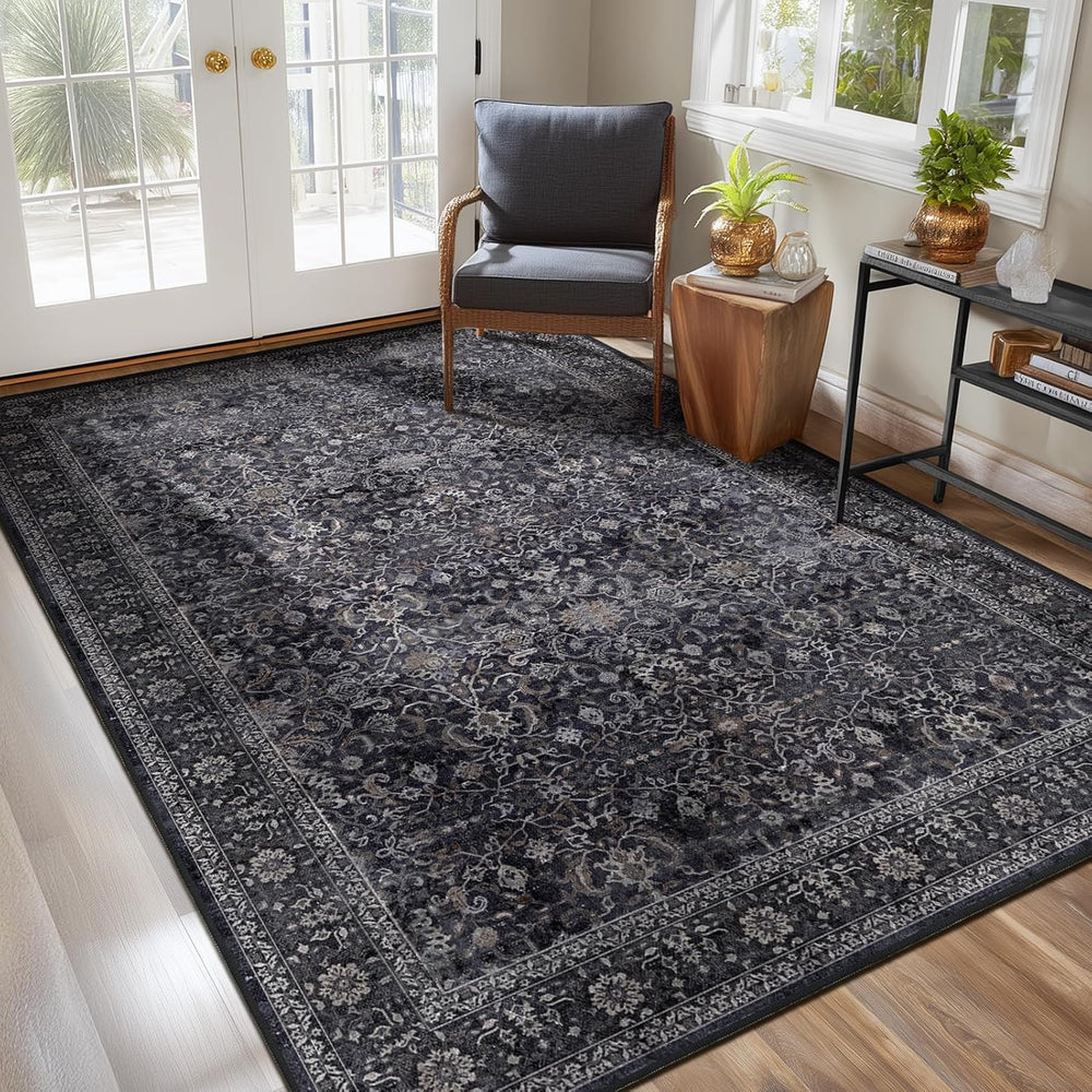 Washable Dark 5x8 Area Rugs, Vintage Farmhouse Earth Tone Carpet for Living R...