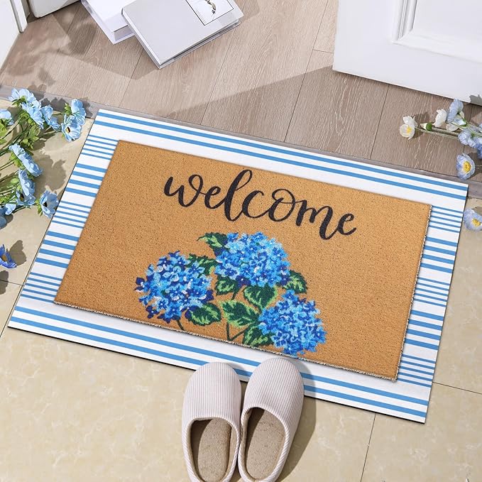 Tinideya 2 Pcs Hydrangea Door Mat Blue and White Stripe Welcome Non Slip Flow...