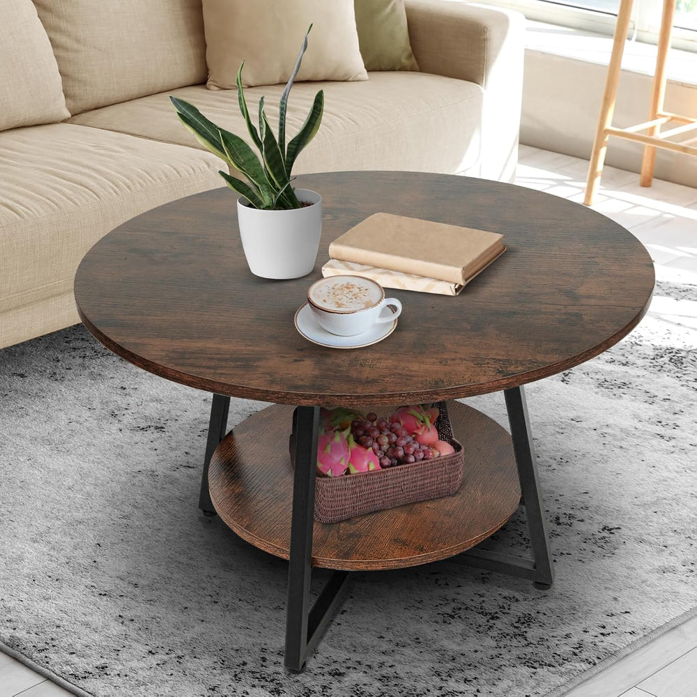 Round Coffee Table, 2-Tier Circle Coffee Table with Storage, Modern Wood Roun...
