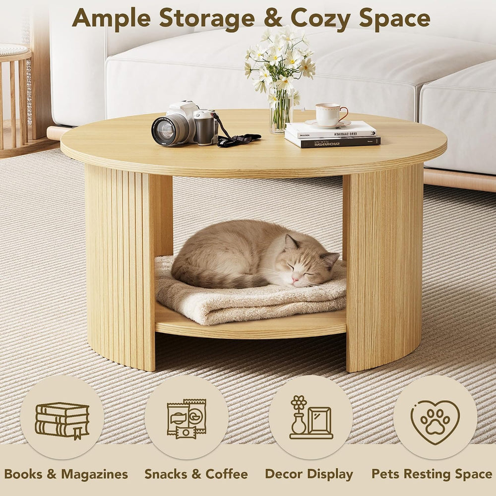Round Coffee Table with Storage, 31.5" Modern Fluted Center Table, 2-Tie...