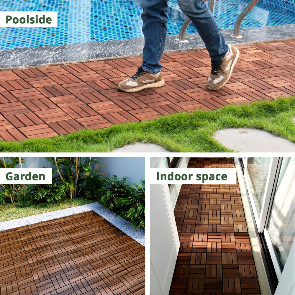 BEEFURNI Interlocking Acacia Wood Deck Tiles 12x12, 20PCS, Brown