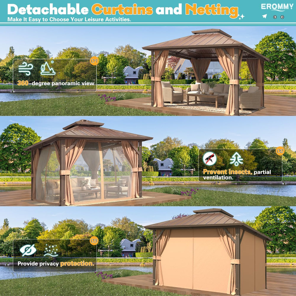 EROMMY 12'x12' Gazebo Hardtop, Galvanized Steel Double Roof Metal Gaz...