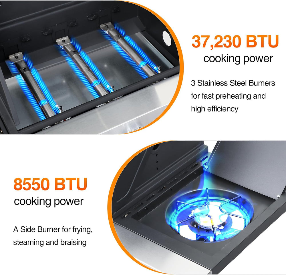 3-Burner Propane Gas Grill 39,000 BTU with Side Burner, Stainless Steel Doubl...