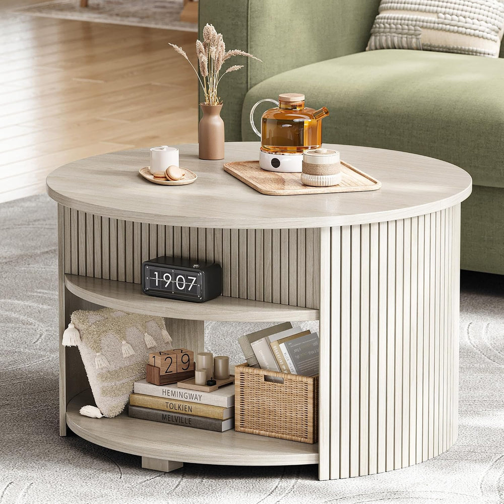 Round Lift Top Coffee Table with Storage, Fluted Mid-Century Modern Coffee Ta...