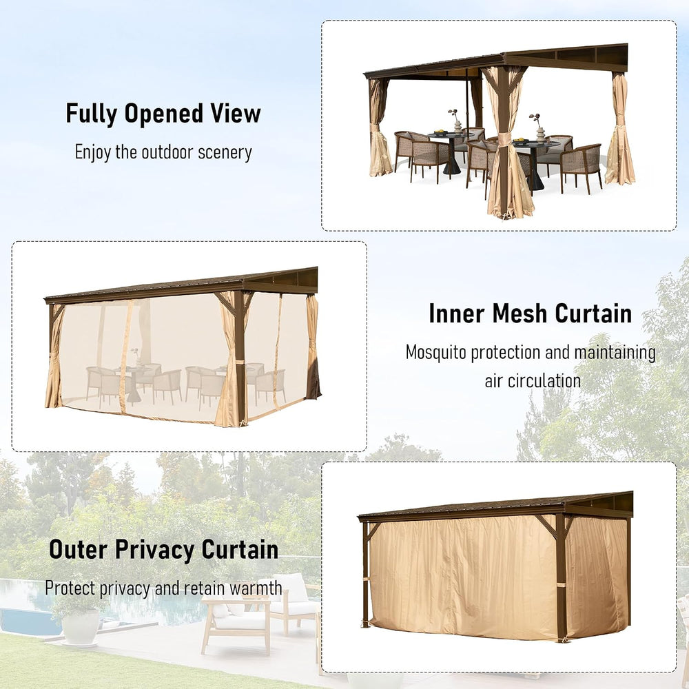 Domi 10x14FT Lean to Gazebo, Outdoor Hardtop Wall Mounted Heavy Duty Canopy w...