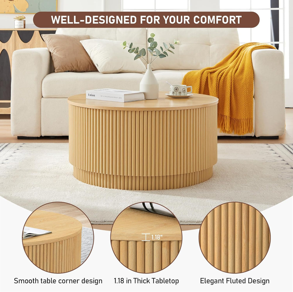 LEVNARY 31.5" Round Coffee Table with Storage, Boho Coffee Tables with F...