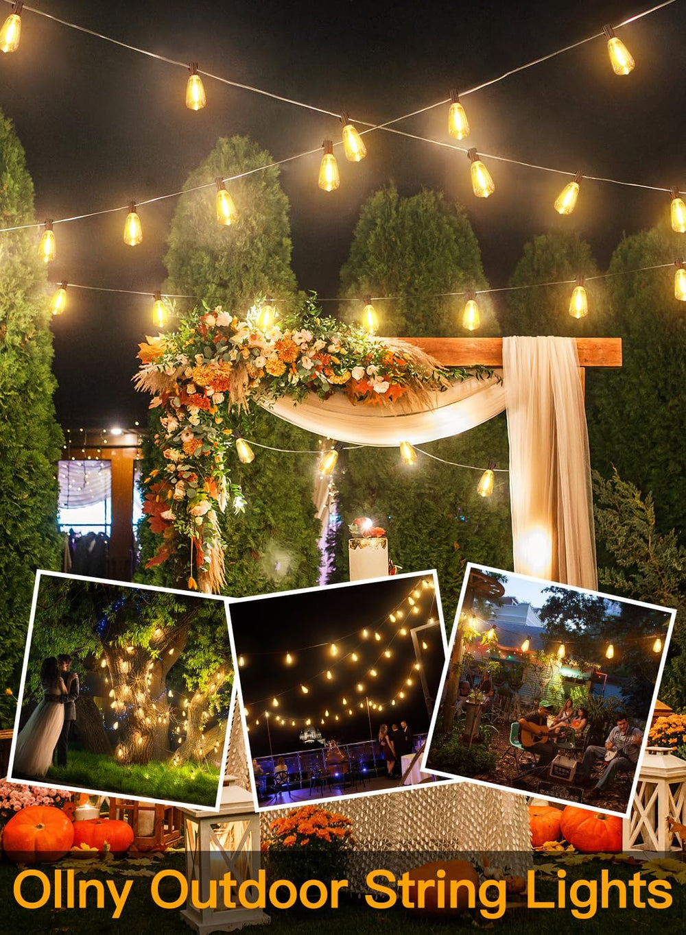 Ollny Outdoor String Lights 120FT with 60+2 Spare ST38 Vintage Bulbs, Shatter...