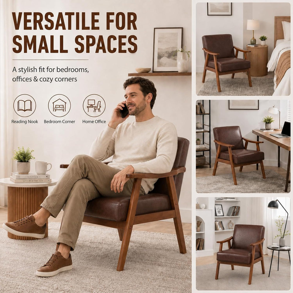 Anwick Mid-Century Modern Accent Chair,PU Leather Living Room Chair with Soli...