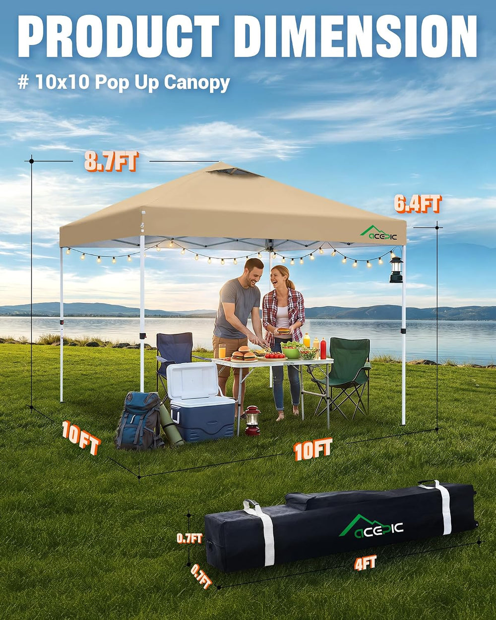 Acepic 10x10 Pop Up Canopy Tent, Easy Setup Shelter, Khaki