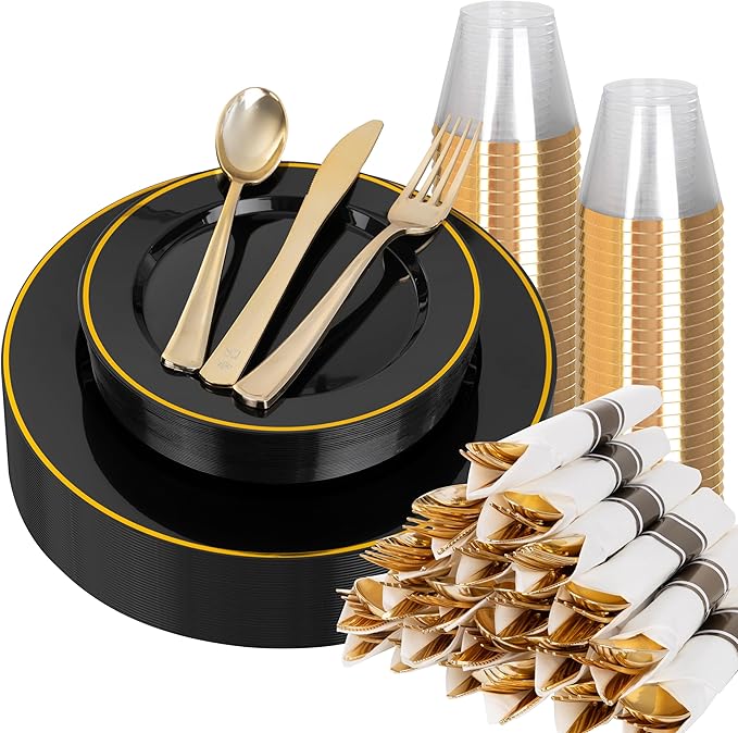 SUT 175 Pcs Black and Gold Plastic Dinnerware Set for 25 Guests, Include: 25 ...